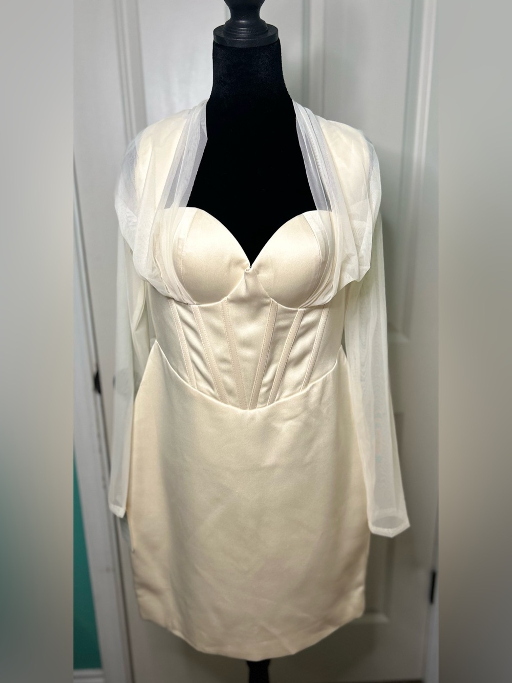 Miss Circle Ivory Satin Corset Mini Dress Sheer Mesh Long Sleeves Bridal Shower